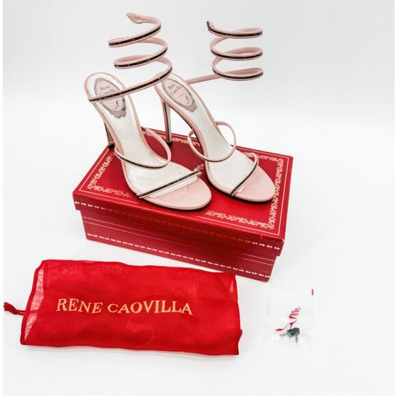 Rene Caovilla Heels Wrap Crystal 38.5 Pink High Sandals Embellished Box Beaded - Picture 3 of 11
